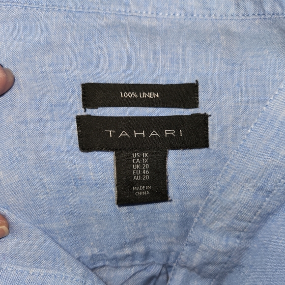 Tahari Linen Blouse Tunic Pastel Blue Roll-up Sleeves Full Button Front Vee Neck - Picture 9 of 10